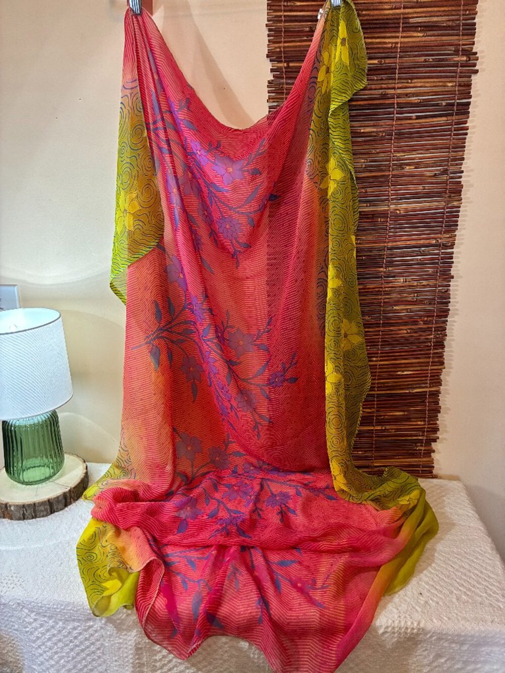 Boho Silk Blend Floral Striped Wrap Scarf Coverup 44"X52"
